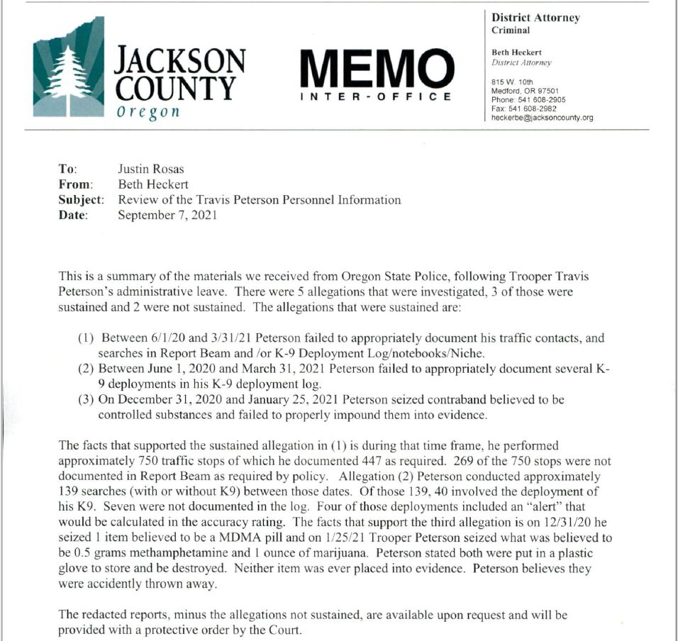 Trooper Peterson investigation memo Heckert to Rosas